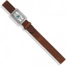 Women's Tony Lama brown Western Style leather belt with a silver-plated buckle featuring a turquoise stone. 