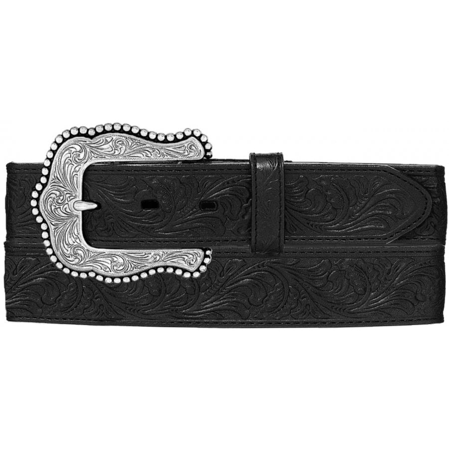 Women's Tony Lama black leather  Western Style belt with floral tooled design and a silver tone buckle featuring intricate western scroll work. Front view