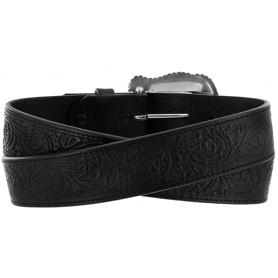 Women's Tony Lama black leather  Western Style belt with floral tooled design and a silver tone buckle featuring intricate western scroll work. Rear View