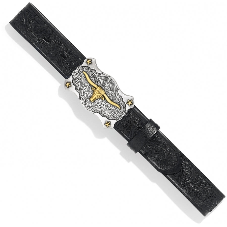 A children's  Western style belt with a black leather strap and a two-tone antiqued long horn buckle with a floral pattern. 