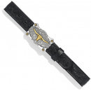 A children's  Western style belt with a black leather strap and a two-tone antiqued long horn buckle with a floral pattern. 