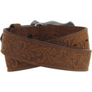 A brown Western style child's belt with a tan leather strap, floral tooled pattern, and a two-tone antiqued long horn buckle. Rear View