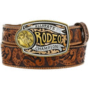 Children's tan leather Western style belt with a silver-plated buckle that reads 'ALLSTATE Rodeo Champion'. Front View