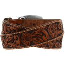 Children's tan leather Western style belt with a silver-plated buckle that reads 'ALLSTATE Rodeo Champion'.  Rear View