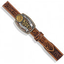 Children's tan leather Western style belt with a silver-plated buckle that reads 'ALLSTATE Rodeo Champion'. 