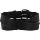 A black leather belt with a silver-plated buckle. Rear View