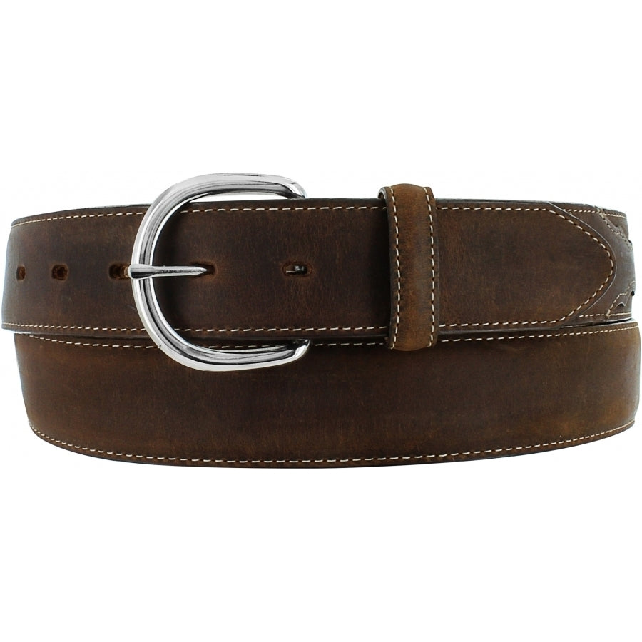 A brown genuine leather belt with a brass finish buckle and stitching detail. Front view