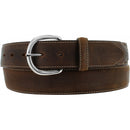 A brown genuine leather belt with a brass finish buckle and stitching detail. Front view