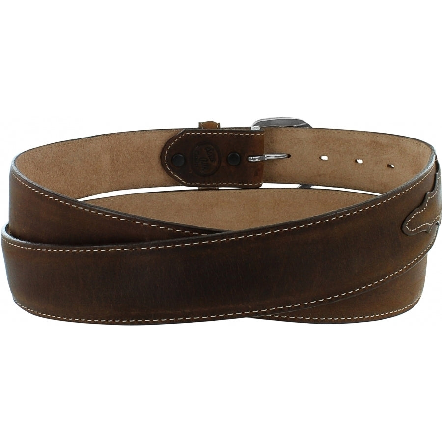 A brown genuine leather belt with a brass finish buckle and stitching detail. Rear view