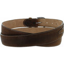 A brown genuine leather belt with a brass finish buckle and stitching detail. Rear view