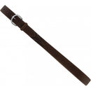 A brown genuine leather belt with a brass finish buckle and stitching detail. Aerial view laid flat.