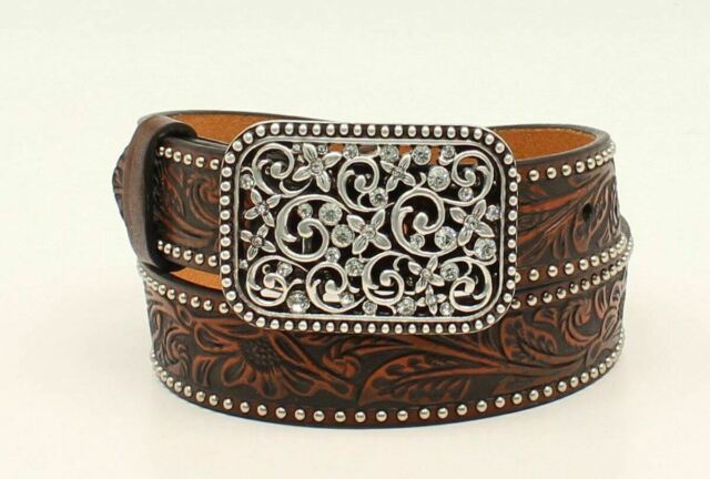 Girl's Ariat A1303602 Floral Embossed Leather Strap Set off by Rectangle Floral Buckle with Rhinestones (Discountinued)
