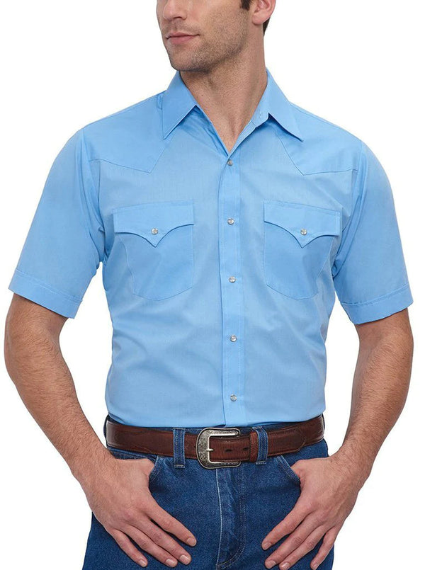 Men's Ely Cattleman 15201605 Blue Short Sleeve Solid Western Snap Shirt
