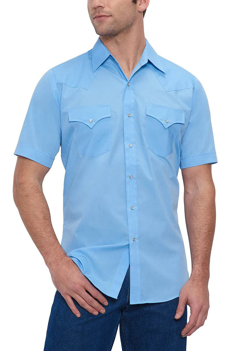 Men's Ely Cattleman Blue Short Sleeve Solid Western Snap Shirt
