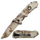 This Desert Camouflage Tac-Force spring assisted knife with a tanto blade design and an aluminum handle features a Special Forces medallion.