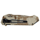 This Desert Camouflage Tac-Force spring assisted knife with a tanto blade design and an aluminum handle features a Special Forces medallion. Shown Closed 