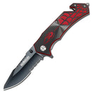 This spider design knife is Red, Black, and Gray and features a Spider and Web design. 