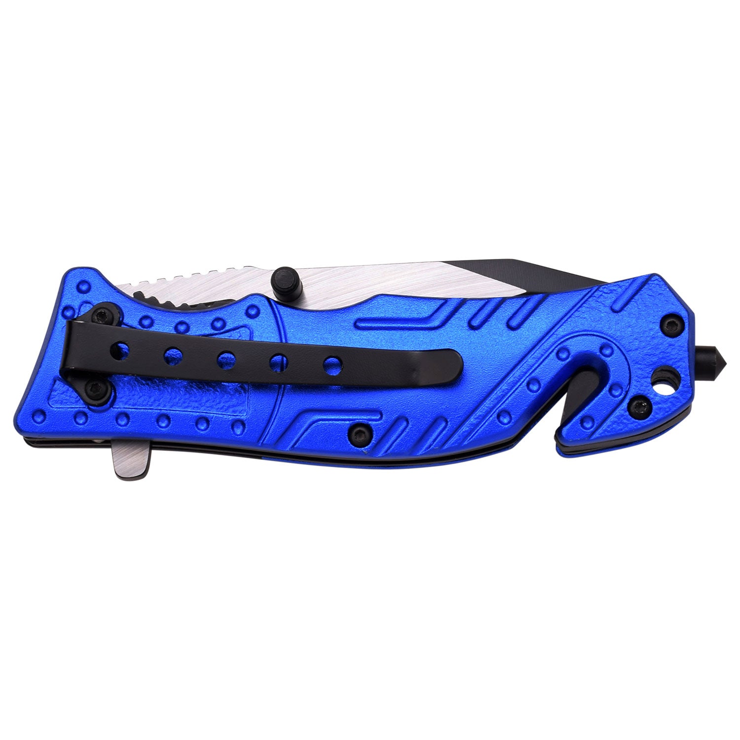 Black and Blue Police knife with a LED light. Shown Closed