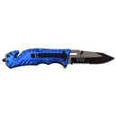 Black and Blue Police knife with a LED light. Shown Open