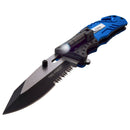 Black and Blue Police knife with a LED light. Shown open with light on.