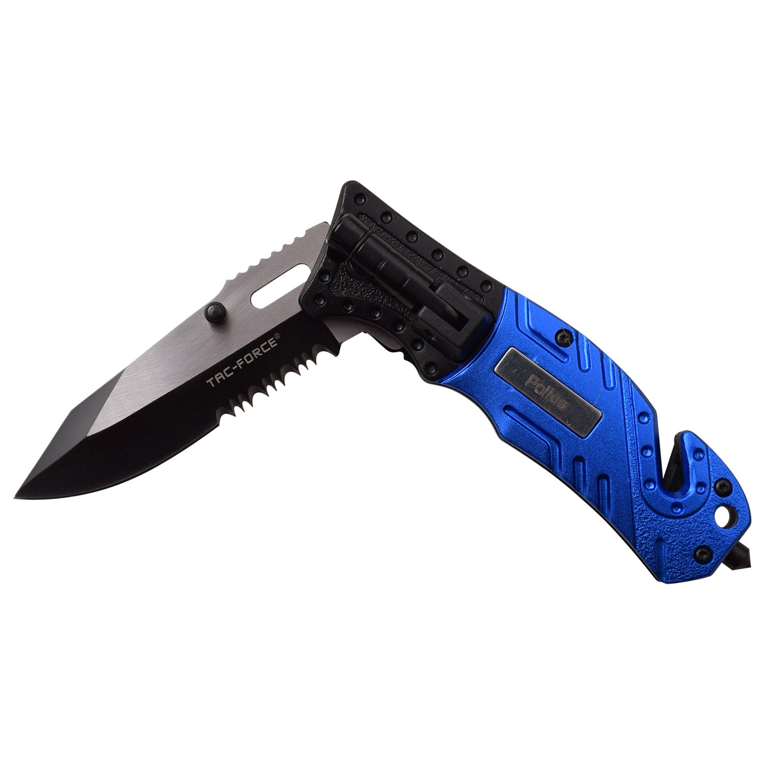 Black and Blue Police knife with a LED light. Shown folding