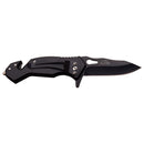 This Black locking knife features a pocket clip and a 2.7 Inch blade. Shown open