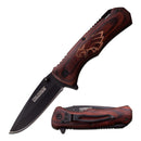 3.5 Inch 3MM Thick Blade, Stainless Steel
Black Blade
4.5 Inches Closed
Brown Pakka Wood Handle Eagle Etched On Handle
Includes Black Pocket Clip
Front and Back View