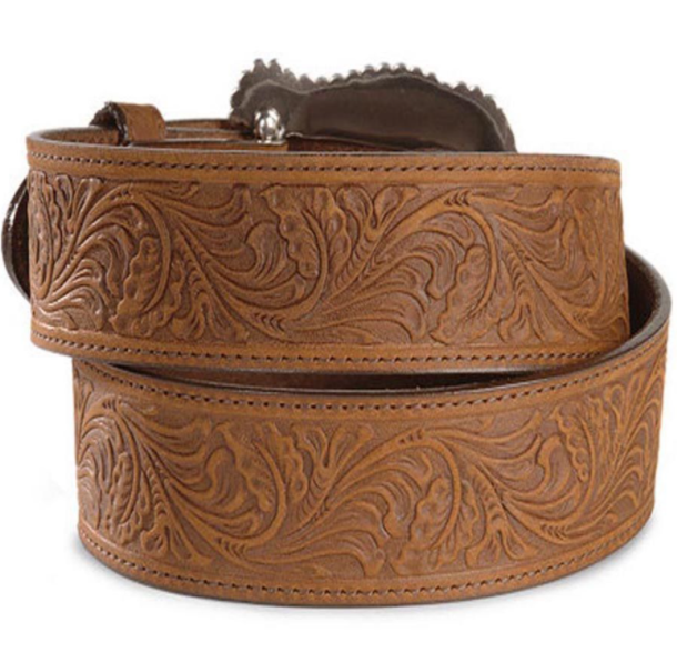 Ladies Western style brown leather belt with a floral tooled design and a silver buckle featuring intricate western scroll work. Rear View