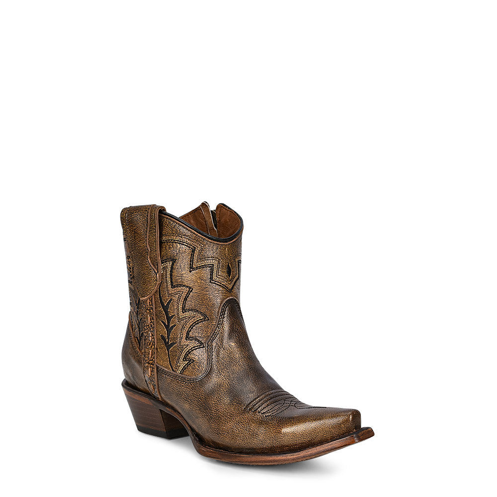 Women's brown ankle boot with gold embroidery and a zipper on the side.