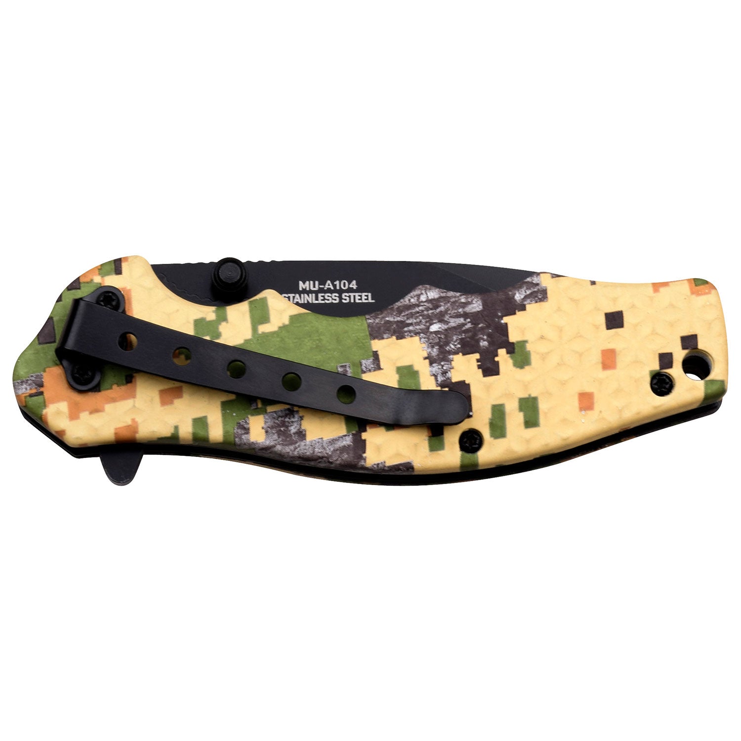 This spring assisted Camo knife has a pocket clip. 